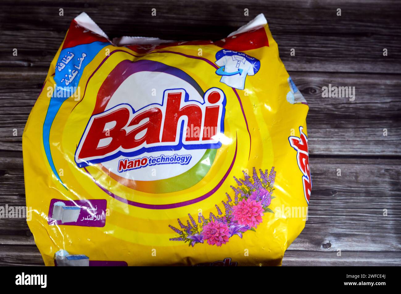 Cairo, Egypt, January 23 2024: Bahi lavender fragrance detergent powder for clothes with Nano technology, Petrochemical Free, clear ingredient, for ma Stock Photo