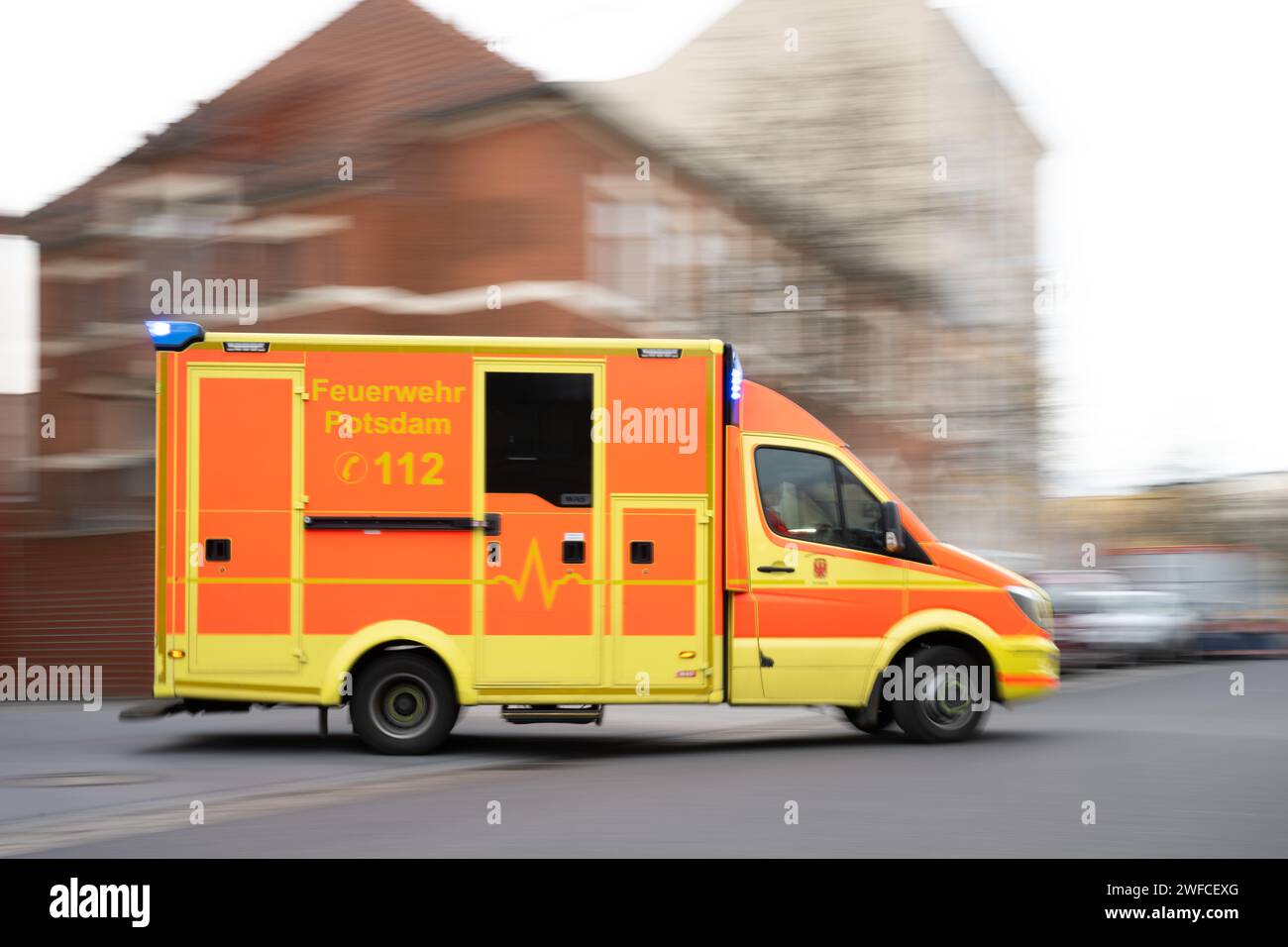 Potsdam, Germany. 30th Jan, 2024. An ambulance from the Potsdam Fire