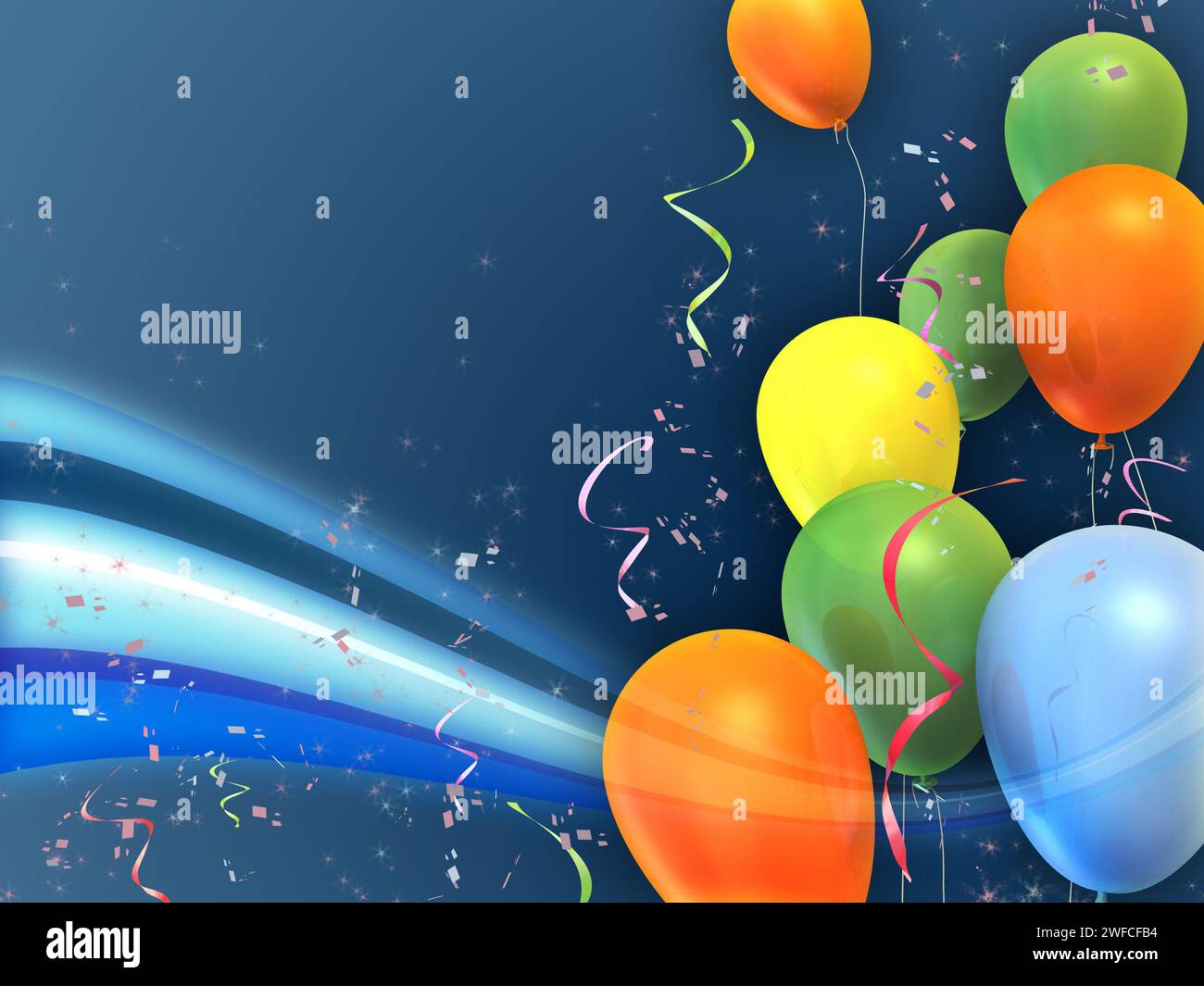 Happy and colorful party composition. Suitable for cards, invitations and backgrounds. Digital illustration. Stock Photo