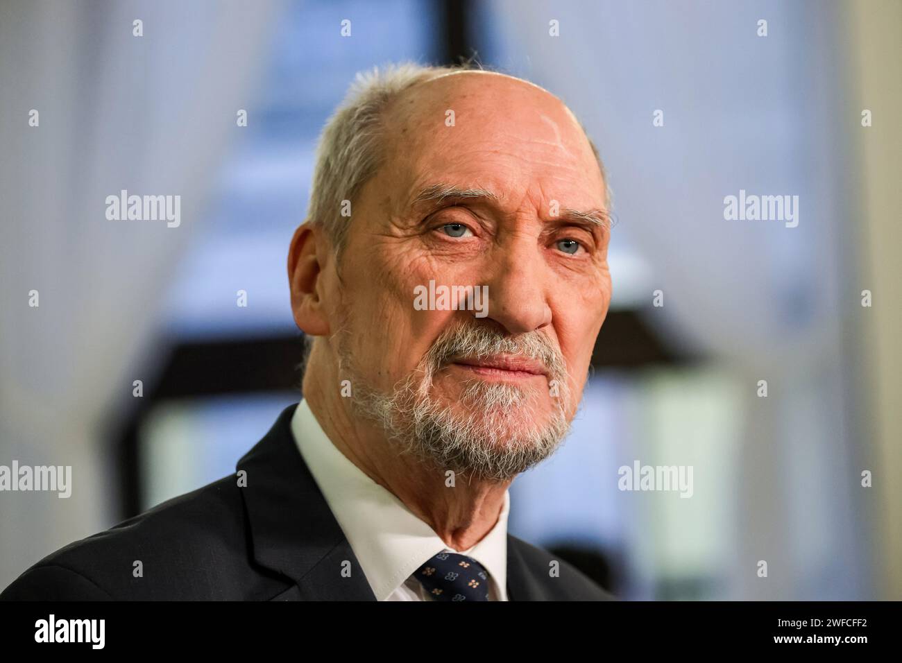 Antoni Macierewicz, former Minister of Defence of Poland talks to the press during the 4th session of Polish Parliament that takes place amid chaos created by legal disagreement with the previous government. The current government took over power in Poland on December 13, 2023, taking over from the Law and Justice far-right political party, which has ruled for 8 years. Both sides accuse each other of unconstitutional acts, and two de facto legal systems are present in the country. (Photo by Dominika Zarzycka / SOPA Images/Sipa USA) Stock Photo