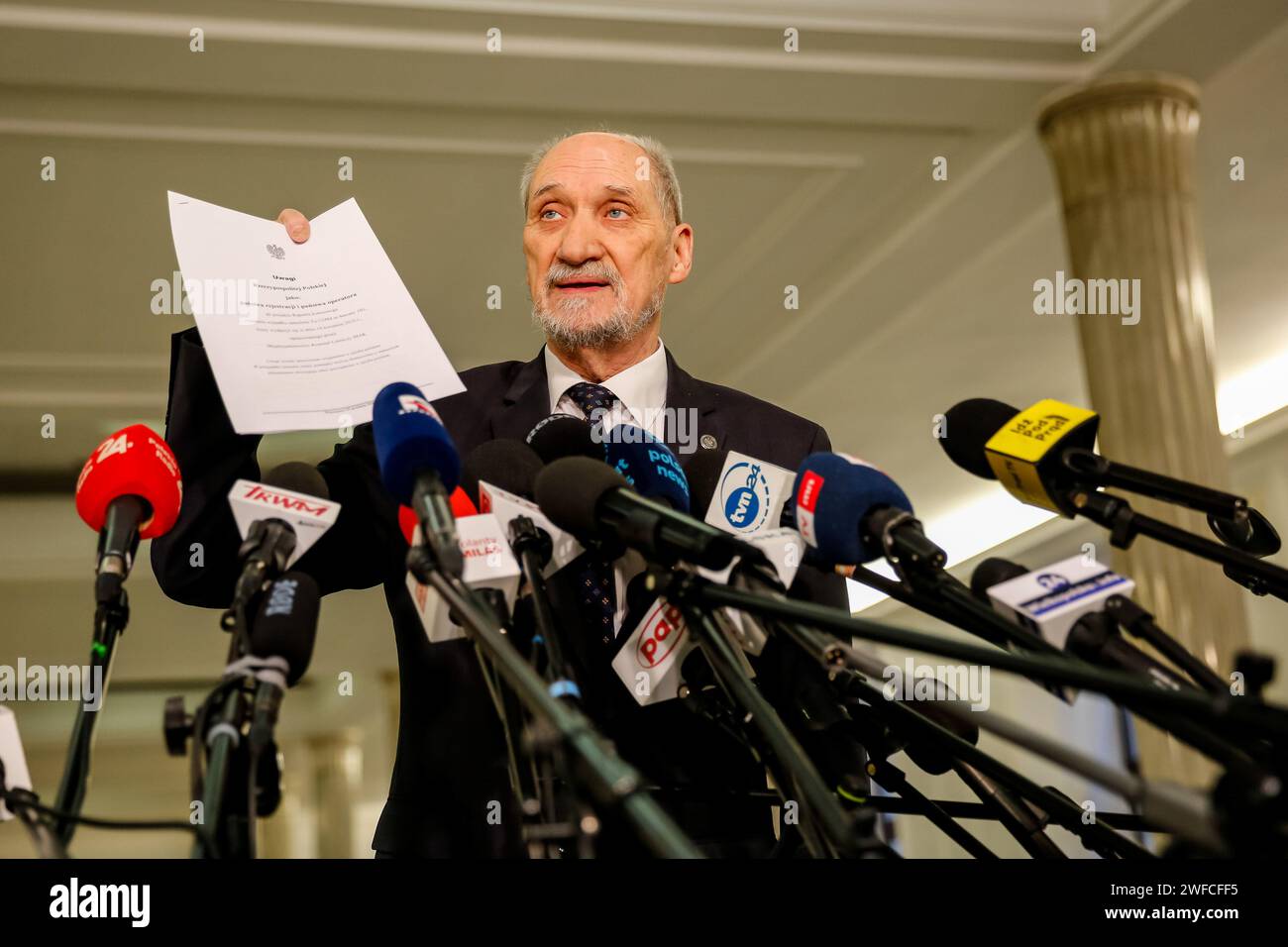 Antoni Macierewicz, former Minister of Defence of Poland talks to the press during the 4th session of Polish Parliament that takes place amid chaos created by legal disagreement with the previous government. The current government took over power in Poland on December 13, 2023, taking over from the Law and Justice far-right political party, which has ruled for 8 years. Both sides accuse each other of unconstitutional acts, and two de facto legal systems are present in the country. (Photo by Dominika Zarzycka / SOPA Images/Sipa USA) Stock Photo