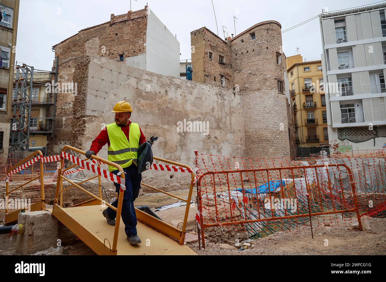 A worker during the restoration works of the Islamic Wall, in Valencia