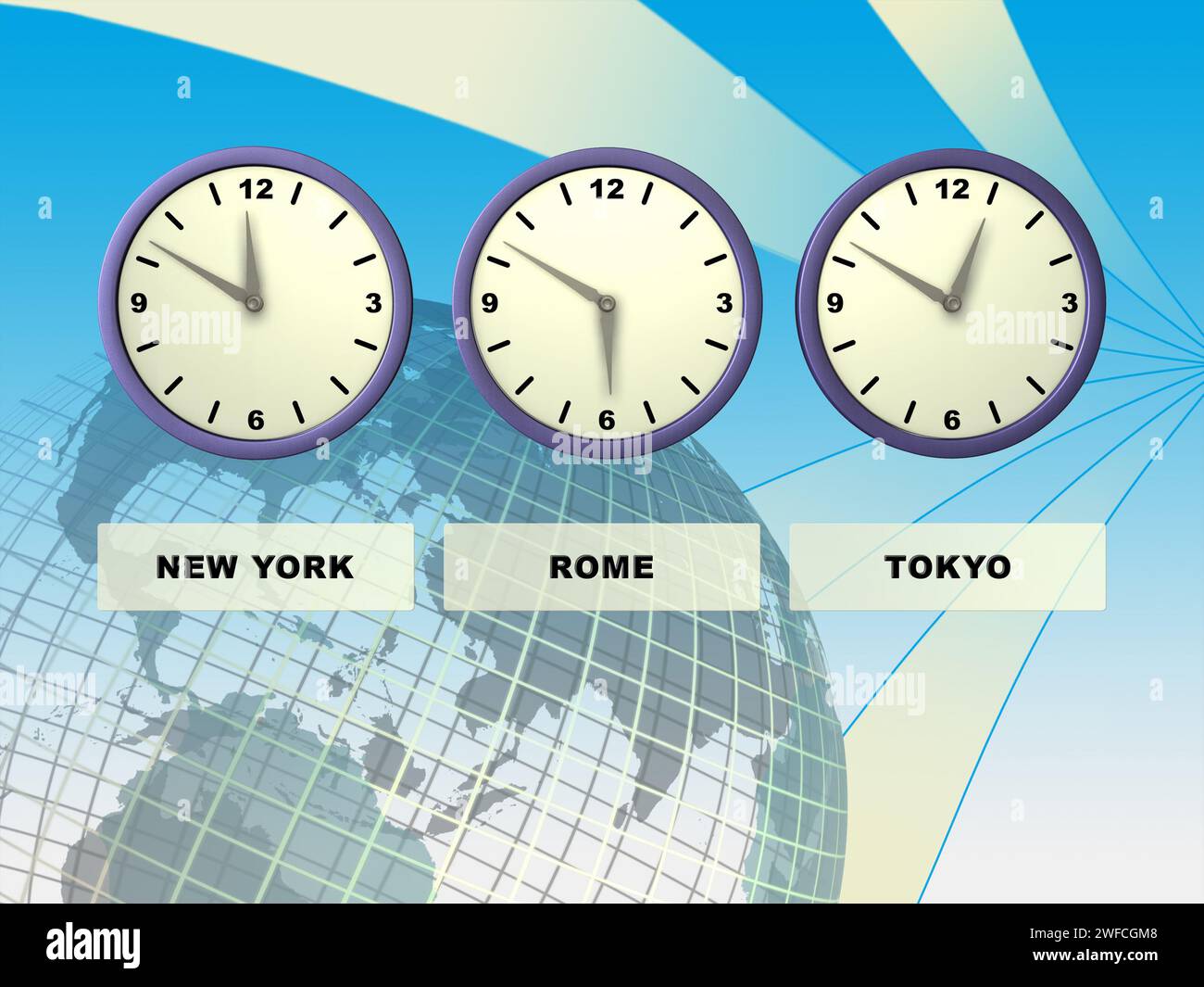 Three clocks showing different time zones earth on background digital