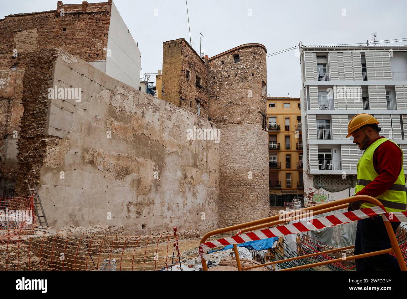A worker during the restoration works of the Islamic Wall, in Valencia