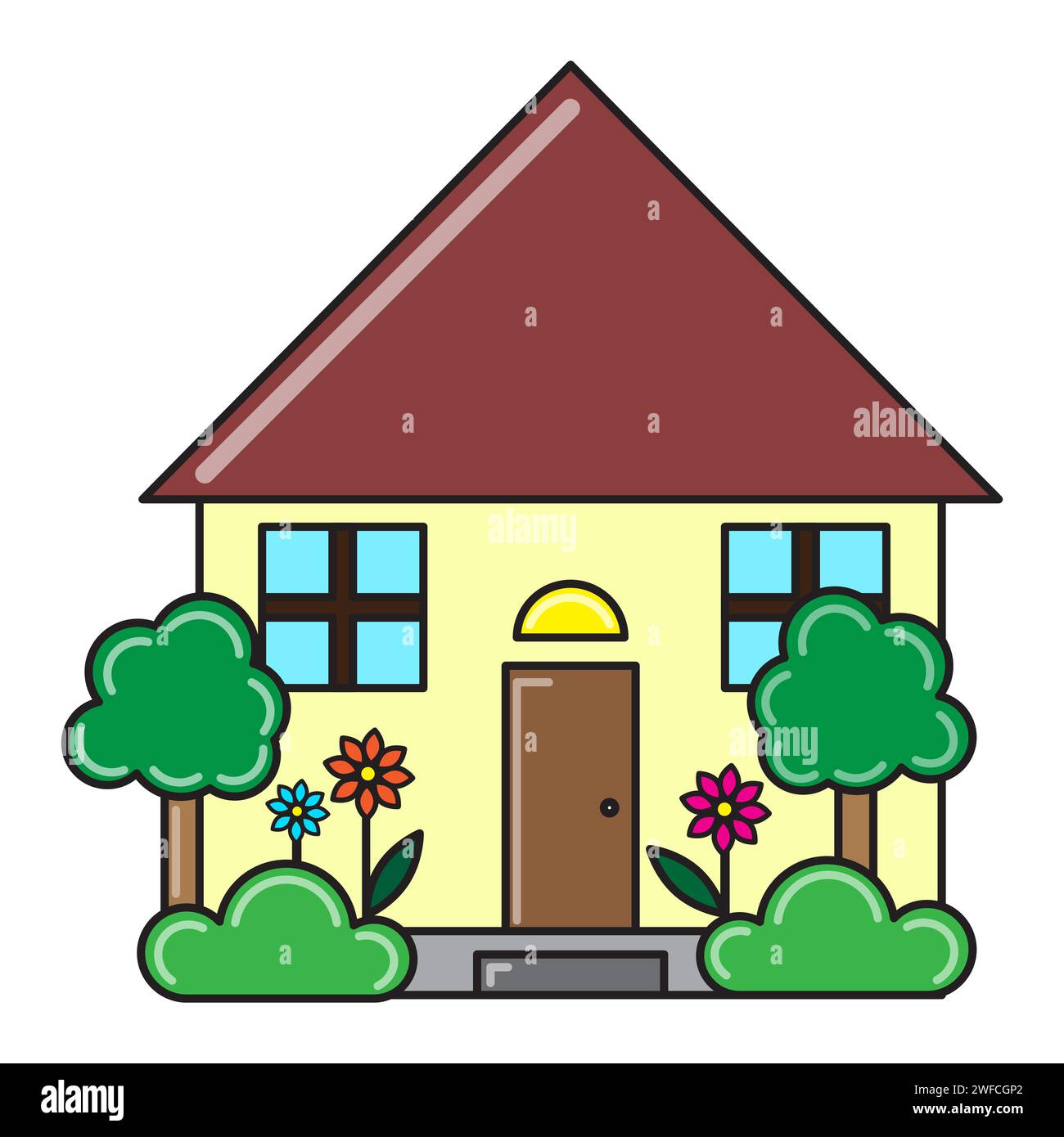 illustration with cartoon house. Nature background. Vector illustration