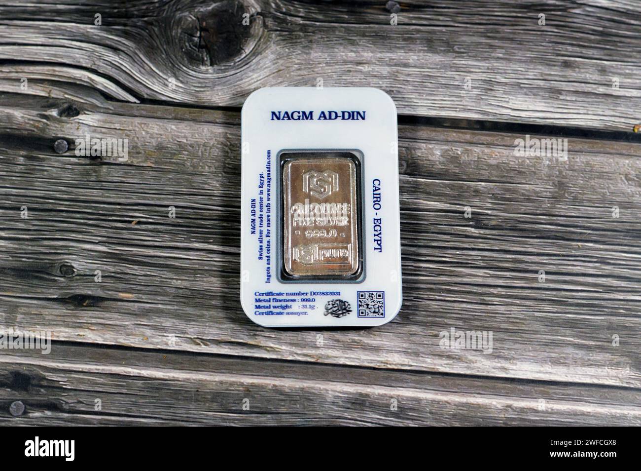 Cairo, Egypt, January 29 2024: Nagm Ad-Din pure fine silver Ounce 