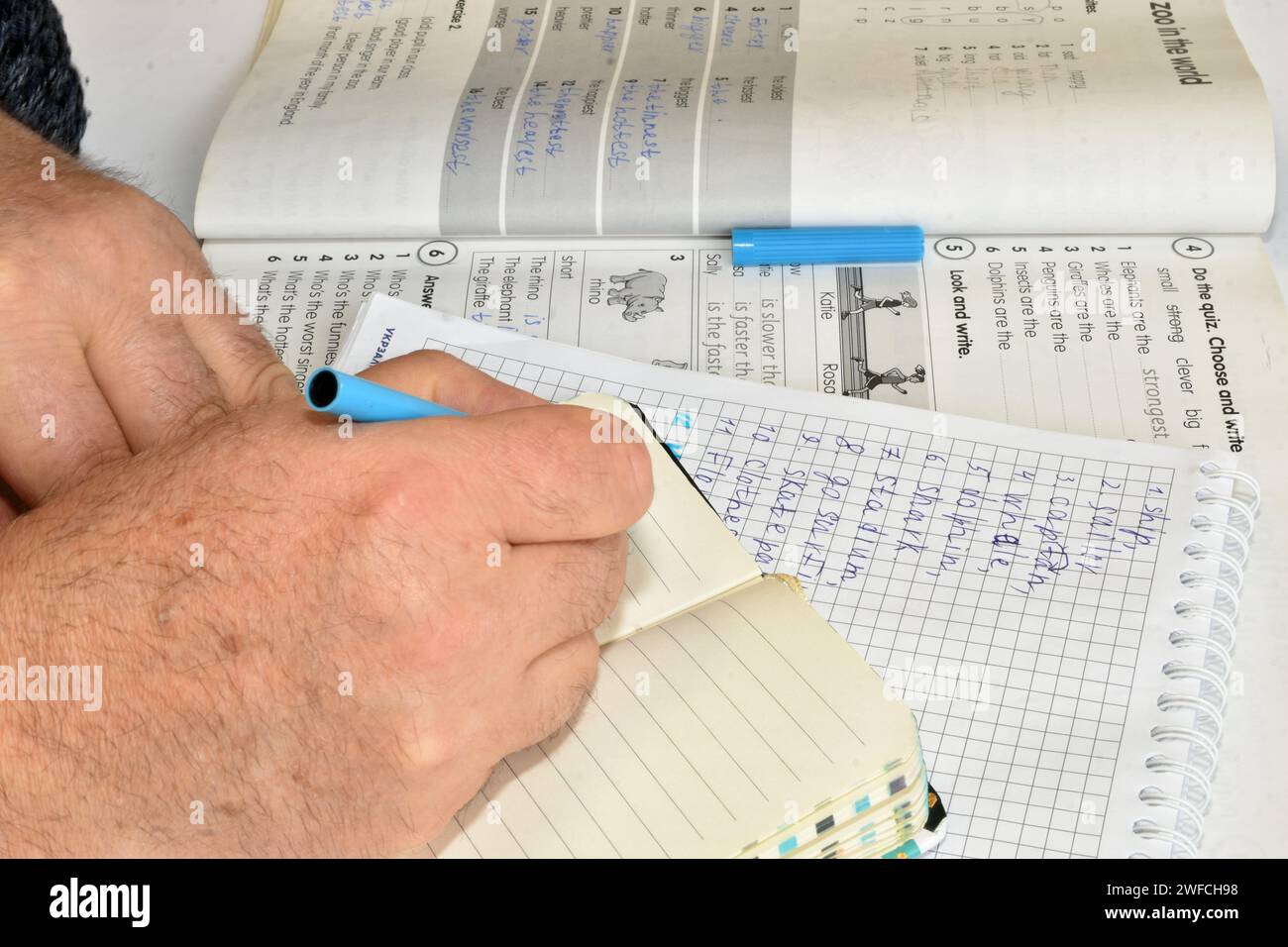 The picture shows a mans hand, in which he holds a fountain pen and writes something. Stock Photo