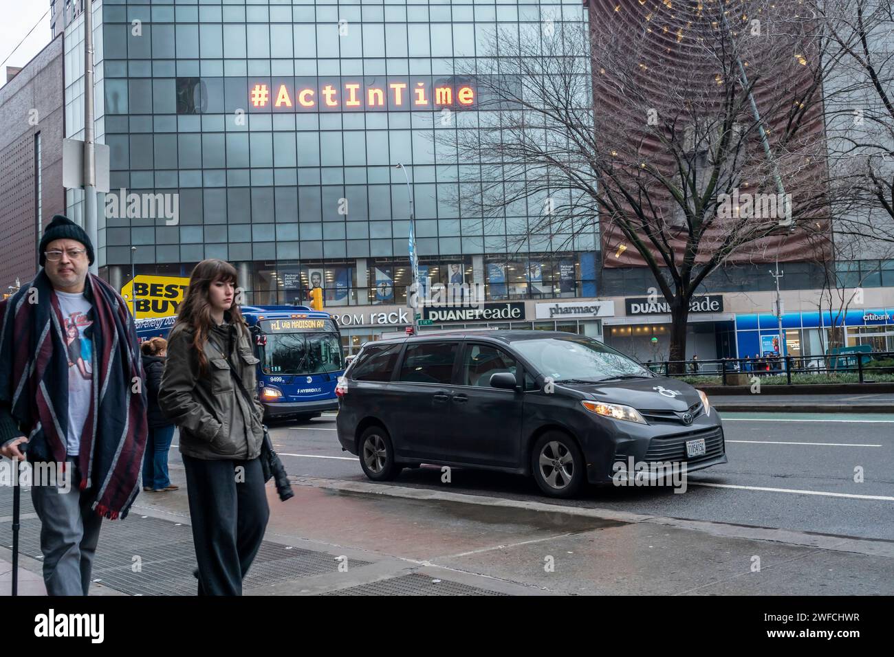 The ÒClimate ClockÓ in Union Square counts down the time left until we have to reach zero emissions and avoid raising global temperature above 1.5¼ C, seen on Thursday, January 25, 2024.  (© Richard B. Levine) Stock Photo