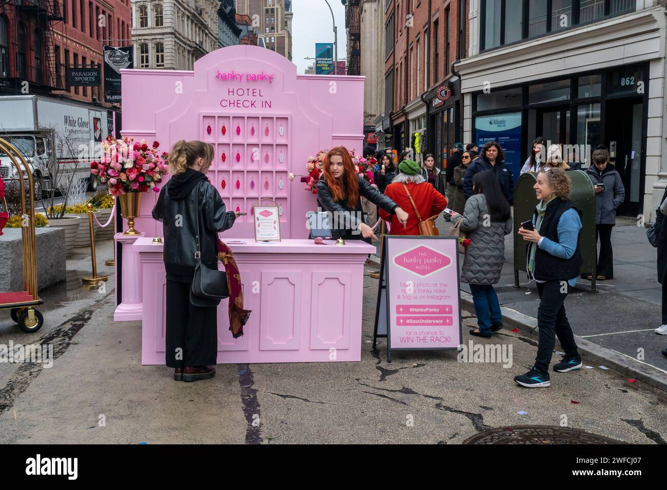 Brand activation for the women’s underwear manufacturer, Hanky Panky in Union Square in New York on Friday, January 26, 2024. Participants “checked in” at the Hanky Panky Hotel and received prizes. (© Richard B. Levine) Stock Photo