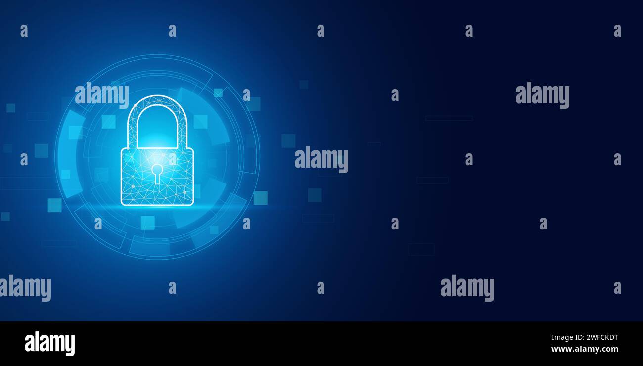 Futuristic blue shield ethics and Security abstract technology background. Artificial intelligence digital transformation and Business quantum interne Stock Photo