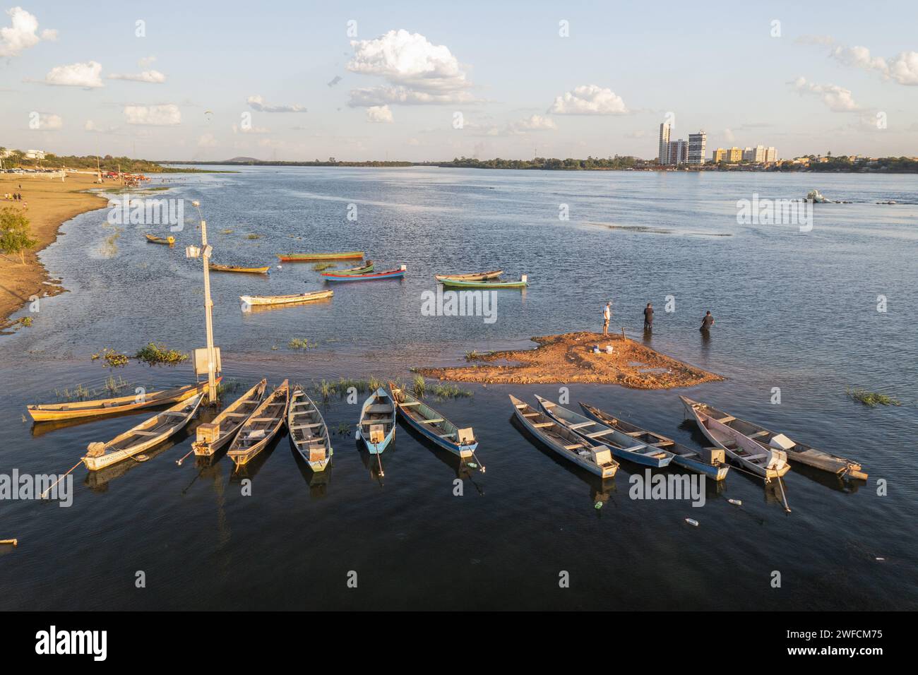 Drone view of fishermen&#39;s boats on the river beach of the São Francisco River - Stock Photo