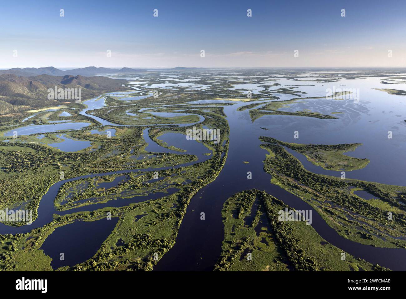 Aerial view of the Pantanal mato-grossense National Park - Serra do Amolar in the background on the left - On the border of the states of Mato Grosso and Mato Grosso do Sul Stock Photo