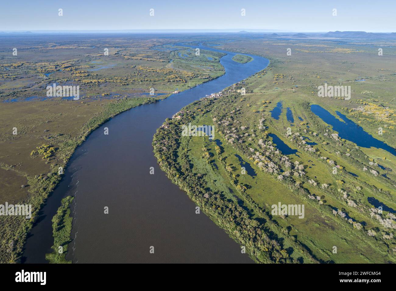 View of drone of Paraguay River and wetland areas of the Pantanal of ...