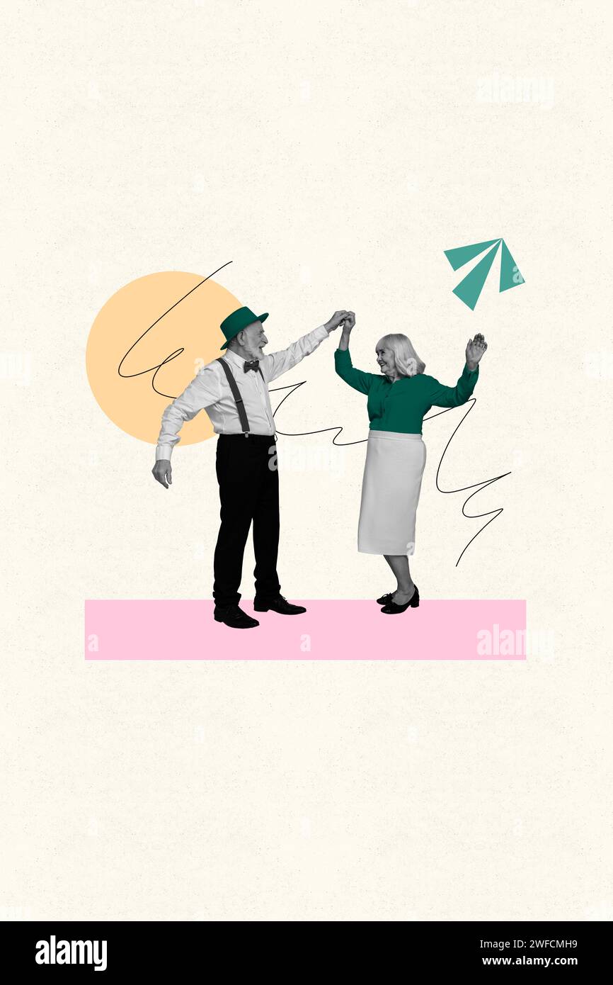 Vertical collage picture poster dancing retired happy couple partners enjoying vintage party celebration white background Stock Photo