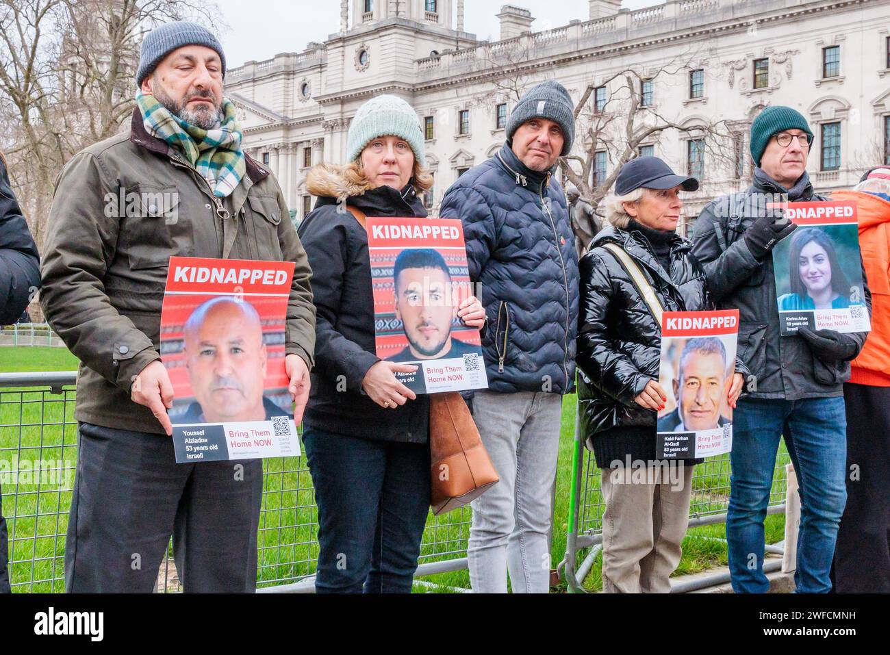 Westminster, London, UK. 30th January 2024. Members of the Jewish Community hold posters of some of the Israeli hostages in a vigil arranged by the Board of Deputies of British Jews. Some Synagogues have 'adopted' a hostage and members of the congregation are holding posters with their image. Of the 240 hostages that were taken when Hamas invaded Israel on 7th Oct 2023, 136 remain in captivity in Gaza. Photo by Amanda Rose/Alamy Live News Stock Photo