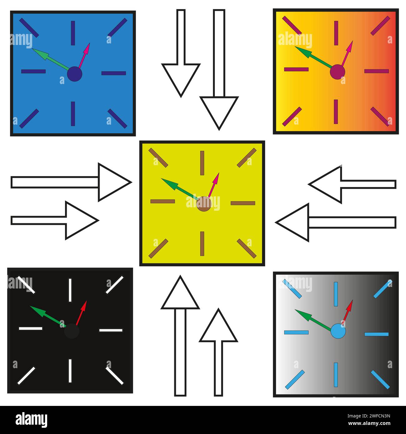 Wall clocks of various shapes. Wall clock in cartoon style. Multicolored wall clock. Vector illustration. stock image. EPS 10. Stock Vector