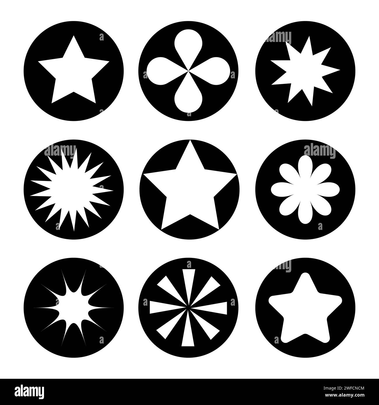 Abstract icon. Star icon. Black stars black circles icons. Vector illustration. stock image. EPS
