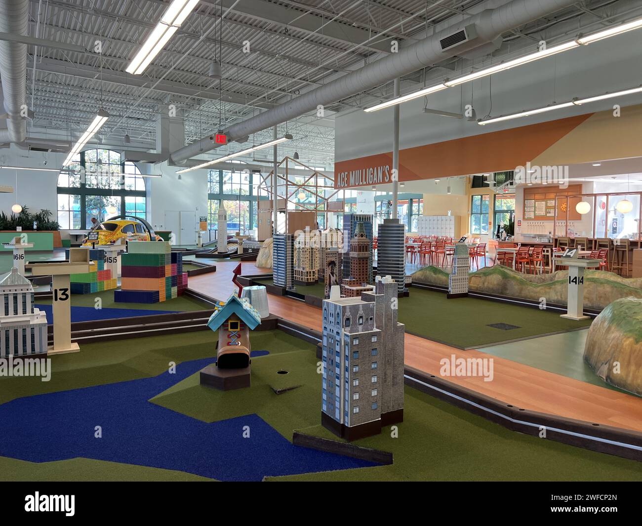 Indoor view of Subpar Miniature Golf with colorful mini-golf courses and themed obstacles, Park Street, Alameda, California, November 3, 2023. Stock Photo