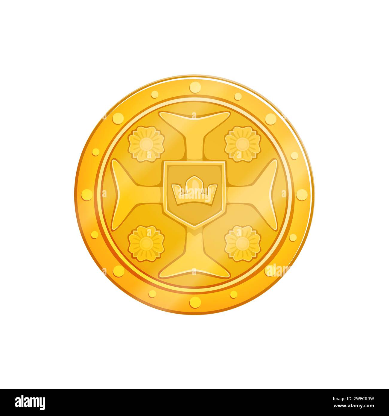 Ancient golden pirate coin. Isolated cartoon vector shiny doubloon, weathered by time, bears intricate engravings of regal figures, telling tales of high-sea adventures and secrets of buried treasures Stock Vector
