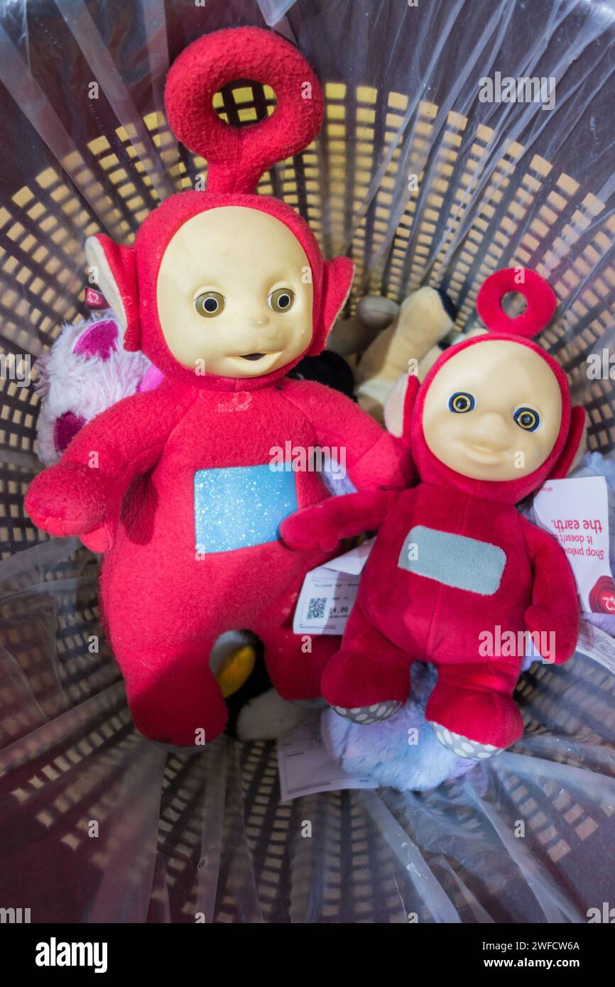 Close up of Po the red Teletubby with circle-shaped antenna in a basket Stock Photo