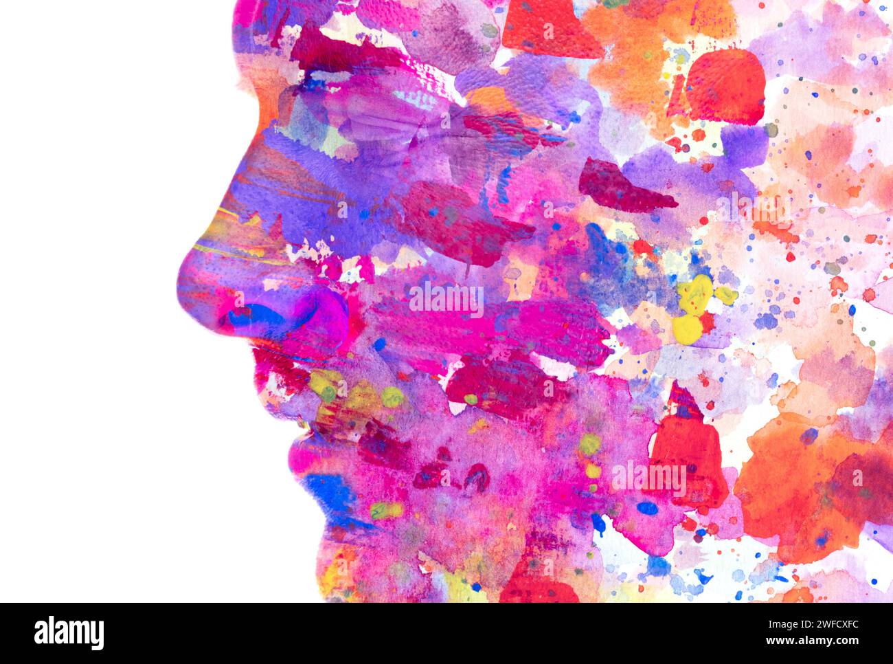 A colorful paintography male profile silhouette in double exposure ...