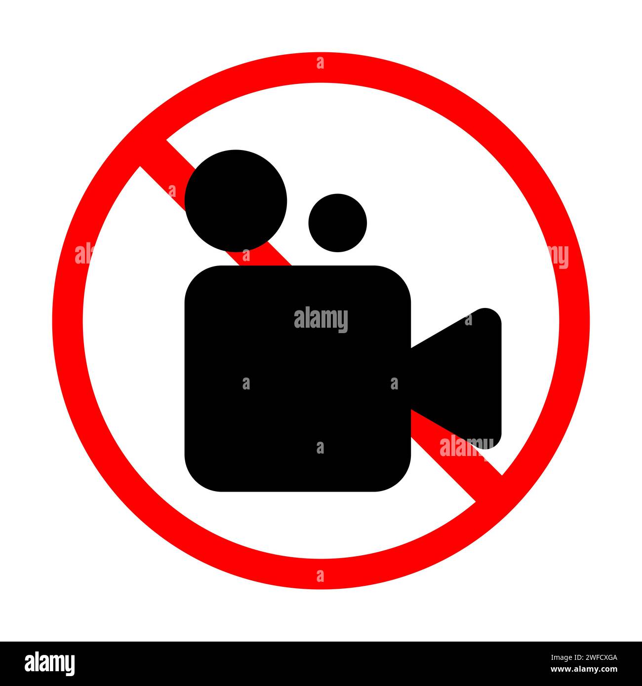 No video camera icon. Stop symbol. Red circle. Prohibited sign. Recording equipment. Vector illustration. Stock image. EPS 10. Stock Vector
