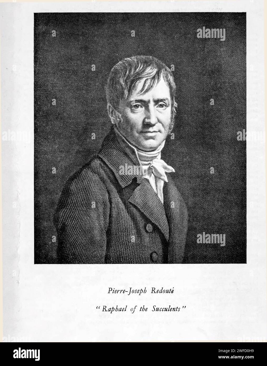 Portrait of Pierre-Joseph Redouté (10 July 1759 – 19 June 1840), was a painter and botanist from Belgium, known for his watercolours of roses, lilies and other flowers at the Château de Malmaison, many of which were published as large coloured stipple engravings. He was nicknamed 'the Raphael of flowers' and has been called the greatest botanical illustrator of all time. Stock Photo