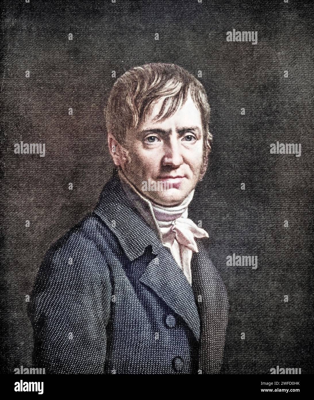 colorized Portrait of Pierre-Joseph Redouté (10 July 1759 – 19 June 1840), was a painter and botanist from Belgium, known for his watercolours of roses, lilies and other flowers at the Château de Malmaison, many of which were published as large coloured stipple engravings. He was nicknamed 'the Raphael of flowers' and has been called the greatest botanical illustrator of all time. Stock Photo