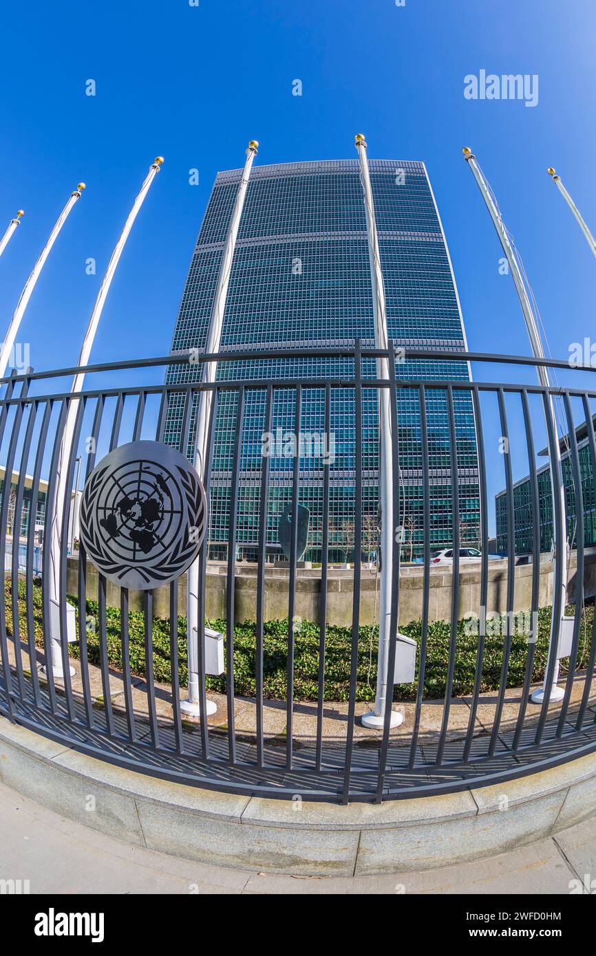 New York, USA - March 7, 2020: The United Nations Secretariat Building, a 505-foot (154 m) tall skyscraper, the headquarters of the United Nations. Stock Photo