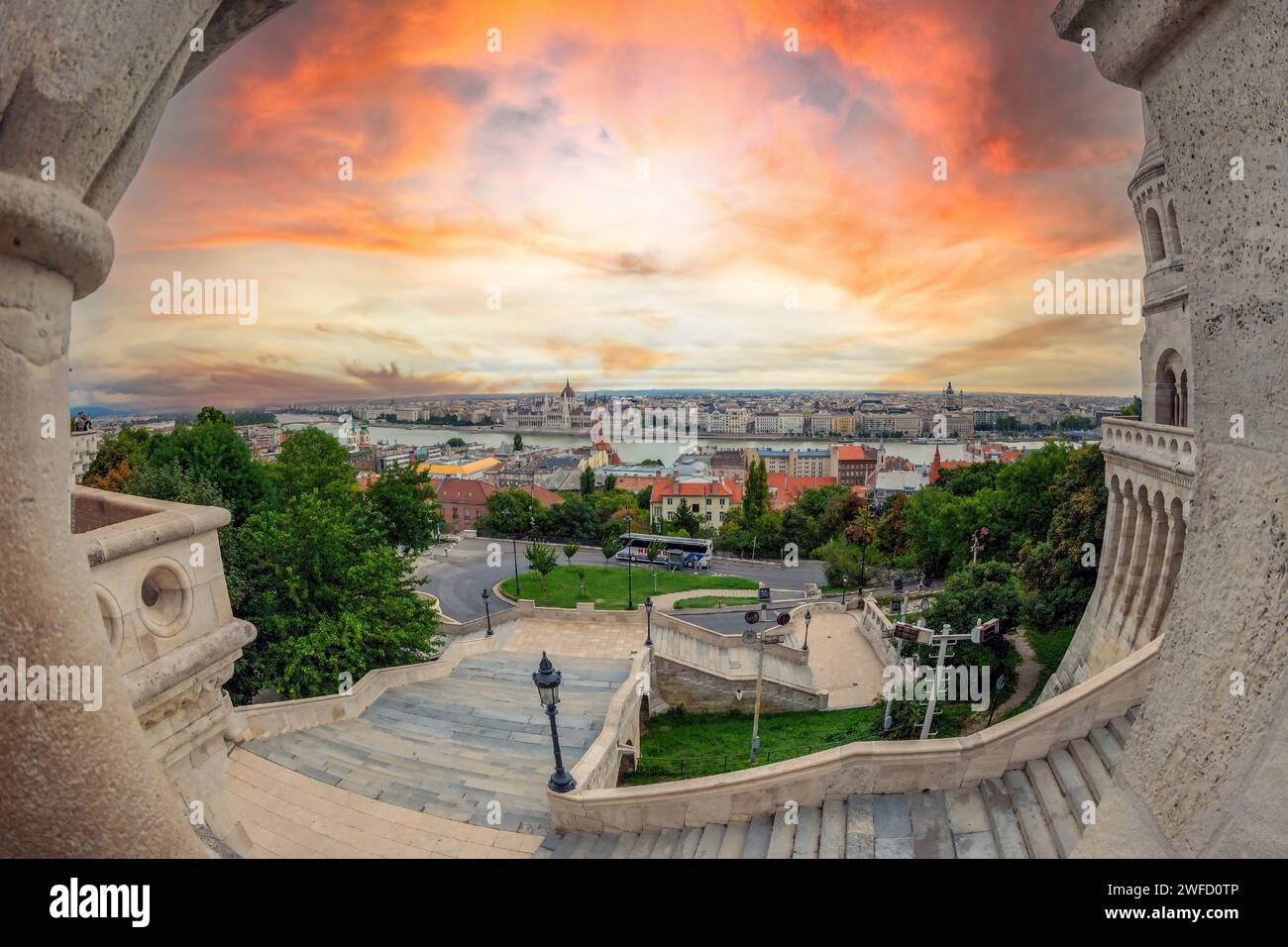 BUDAPEST, HUNGARY - AUGUST 23, 2021: View from the Fisherman's Bastion. Designed and built between 1895 and 1902 on the plans of Frigyes Schulek. Stock Photo