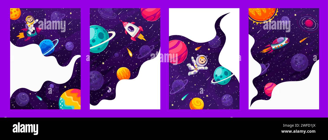 Space posters and banners, cartoon galaxy landscapes with astronauts ...