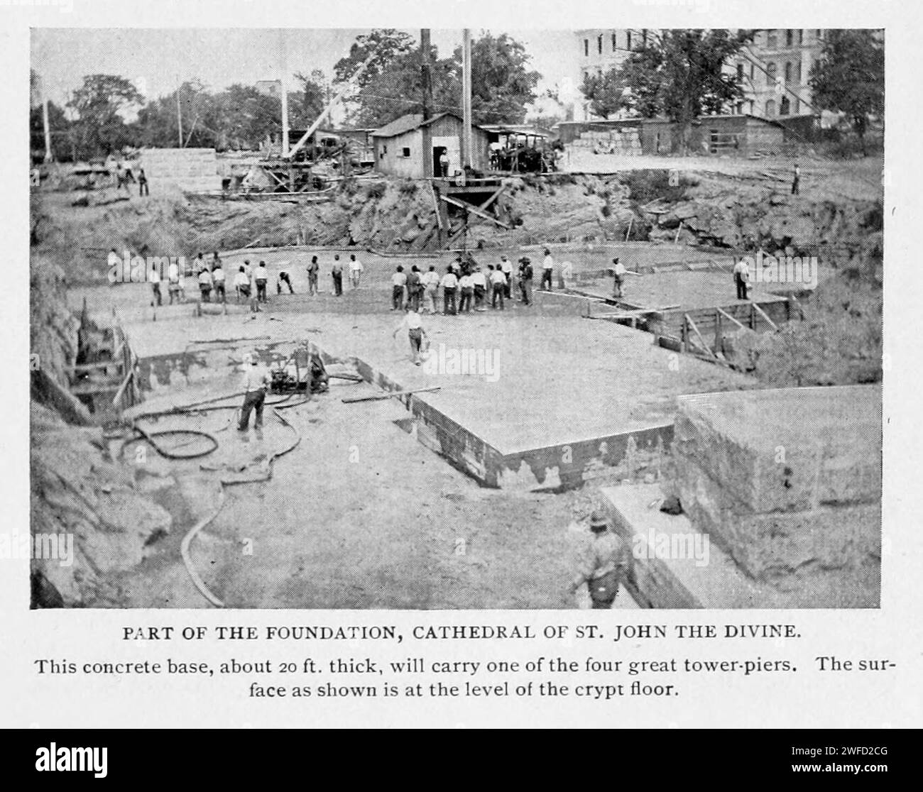PART OF THE FOUNDATION, Cathedral of St. JOHN THE DIVINE. This concrete base, about 20 ft. thick, will carry one of the four great tower-piers. The surface as shown is at the level of the crypt floor. from the Article FOUNDATION CONSTRUCTION FOR TALL BUILDINGS. By Charles Sooy smith. from The Engineering Magazine Devoted to Industrial Progress Volume XI October 1897 The Engineering Magazine Co Stock Photo