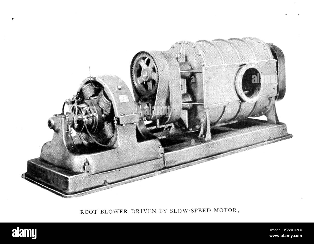 Root Blower Driver by Slow Speed Motor from the Article THE GROWING EFFICIENCY OF MODERN MINING MACHINERY. By Cyrus Robinson. from The Engineering Magazine Devoted to Industrial Progress Volume XI October 1897 The Engineering Magazine Co Stock Photo