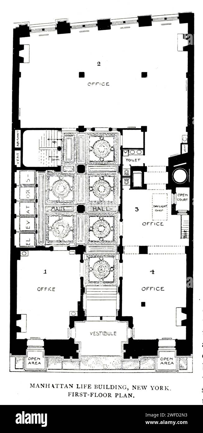MANHATTAN LIFE BUILDING, NEW YORK.first floor plan from the Article THE ARCHITECTURAL RELATIONS OF THE STEEL-SKELETON BUILDING.By F. H. Kimball. from The Engineering Magazine Devoted to Industrial Progress Volume XI October 1897 The Engineering Magazine Co Stock Photo