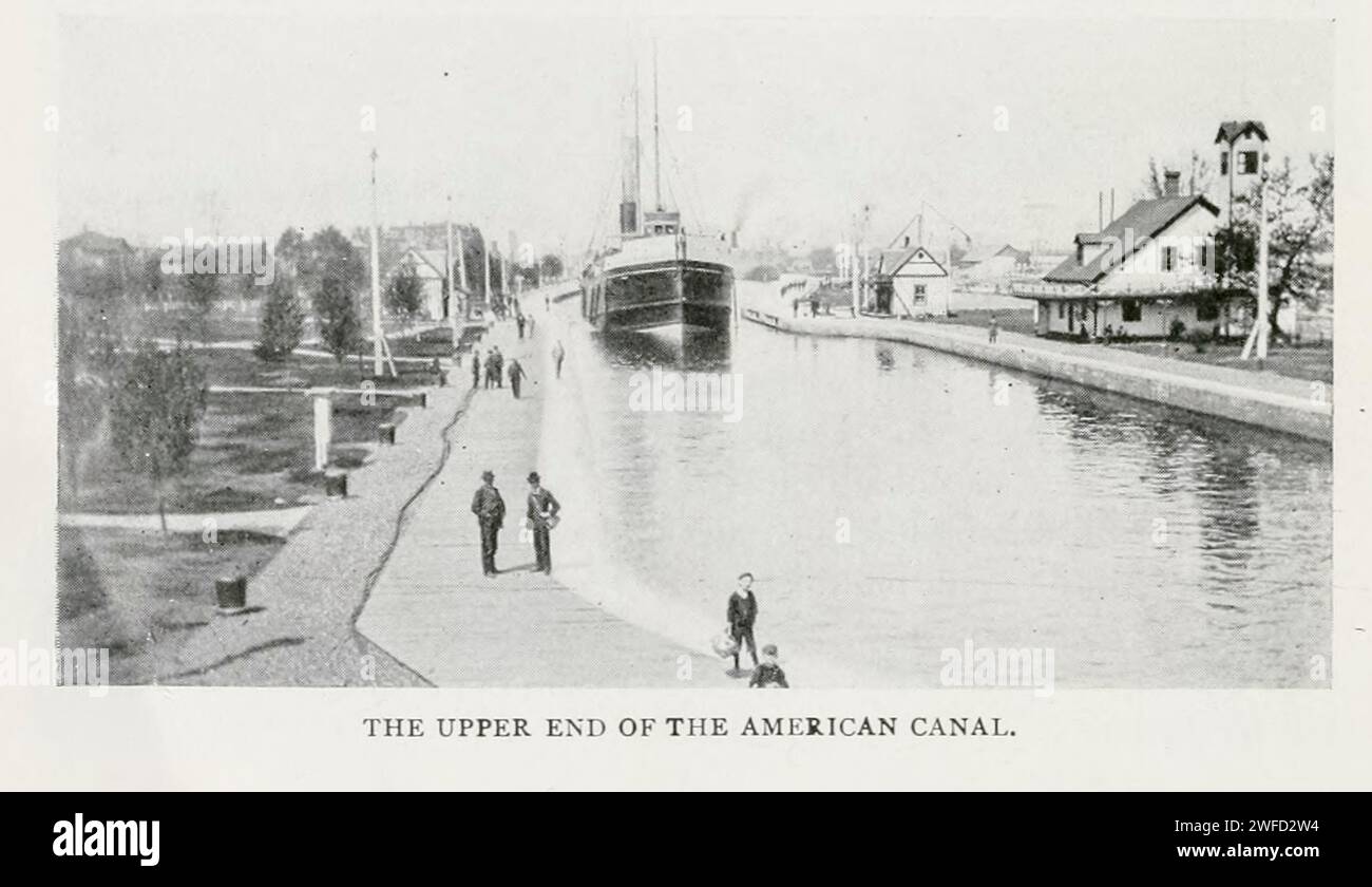 The Upper end of the American Canal from the Article THE BUSIEST CANAL IN THE WORLD. By Wm. P. Kibbee. from The Engineering Magazine Devoted to Industrial Progress Volume XI October 1897 The Engineering Magazine Co The Keweenaw Waterway is a partly natural, partly artificial waterway which cuts across the Keweenaw Peninsula of Michigan; it separates Copper Island from the mainland. Parts of the waterway are variously known as the Keweenaw Waterway, Portage Canal, Portage Lake Canal, Portage River, Lily Pond, Torch Lake, and Portage Lake. The waterway connects to Lake Superior at its north and Stock Photo