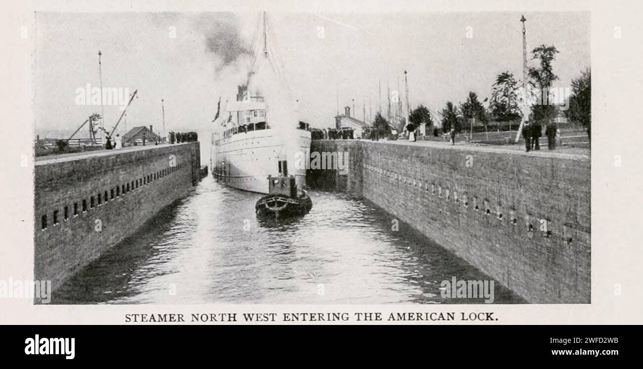 Steamer North West entering the American Lock from the Article THE BUSIEST CANAL IN THE WORLD. By Wm. P. Kibbee. from The Engineering Magazine Devoted to Industrial Progress Volume XI October 1897 The Engineering Magazine Co The Keweenaw Waterway is a partly natural, partly artificial waterway which cuts across the Keweenaw Peninsula of Michigan; it separates Copper Island from the mainland. Parts of the waterway are variously known as the Keweenaw Waterway, Portage Canal, Portage Lake Canal, Portage River, Lily Pond, Torch Lake, and Portage Lake. The waterway connects to Lake Superior at its Stock Photo