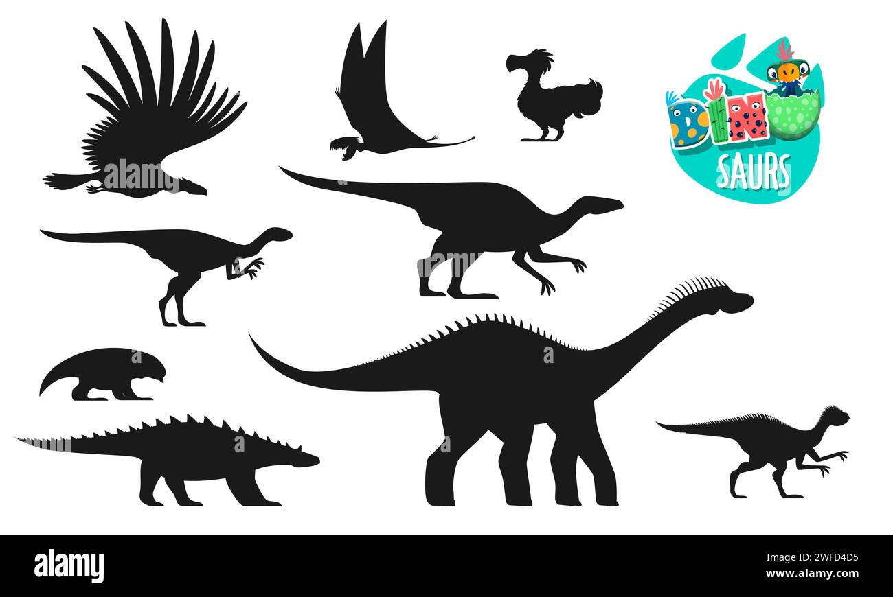 Dinosaur, prehistoric animals silhouettes. Extinct lizard, paleontology reptile. Jurassic era Dicraeosaurus, Dimorphodon, Pegomastax and Gipsilofodon, Anatotitan, Dodo dinosaur vector silhouette Stock Vector