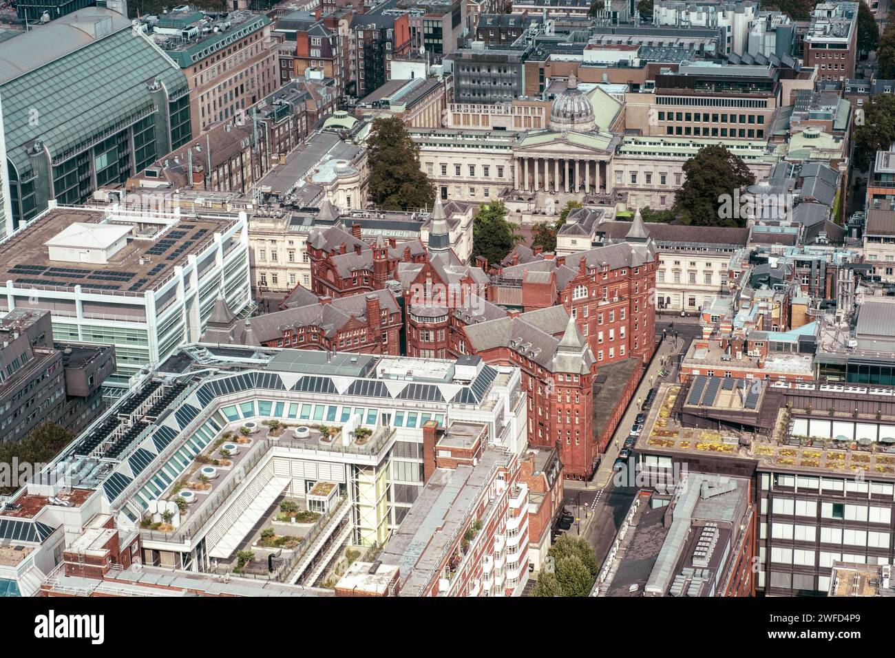 Aerial view. Dense urban London includes UCL Cruciform Building, UCL main campus, University College London Hospital & Gibbs Building, Wellcome Trust. Stock Photo