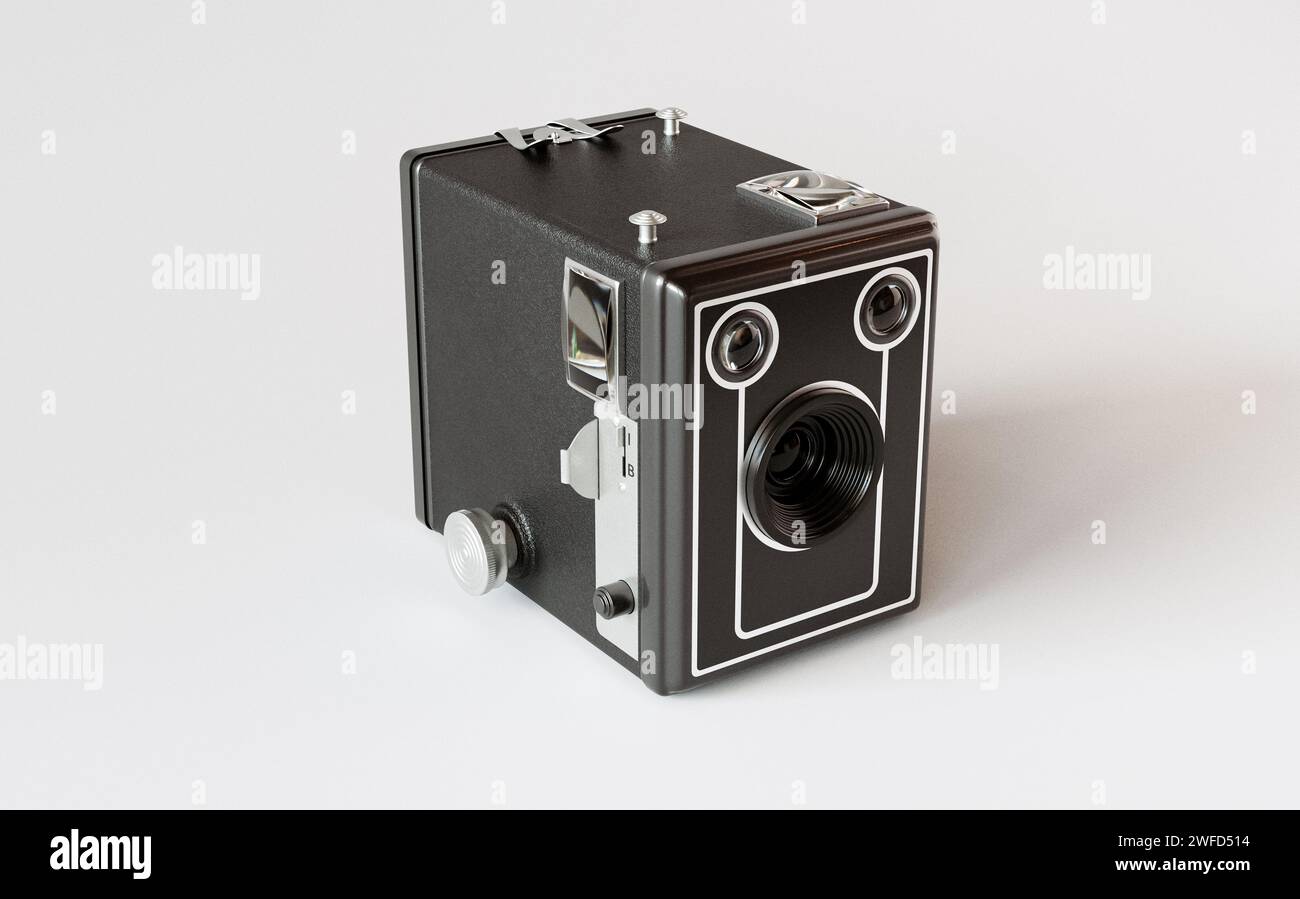 A vintage analogue box camera on a white isolated background - 3D ...