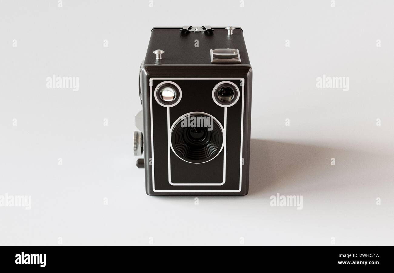 A vintage analogue box camera on a white isolated background - 3D ...