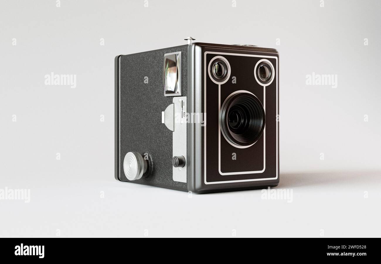 A vintage analogue box camera on a white isolated background - 3D render Stock Photo