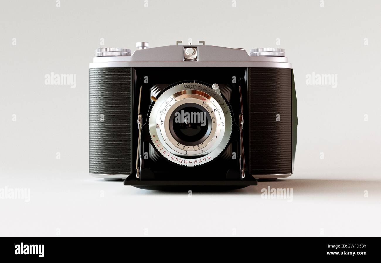 A vintage analogue SLR camera on a white isolated background - 3D render Stock Photo