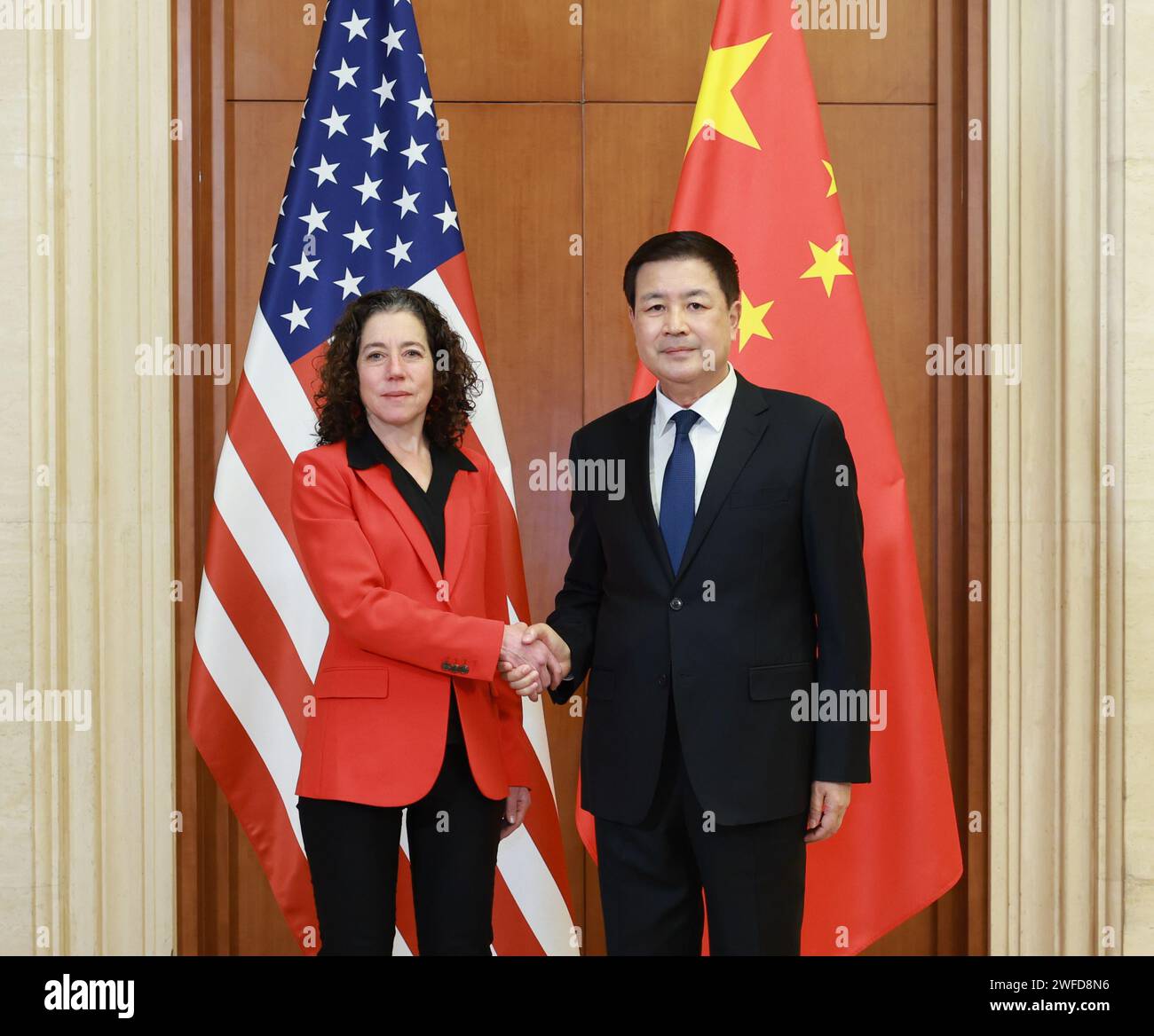 Beijing, China. 30th Jan, 2024. Chinese State Councilor Wang Xiaohong, also director of the China National Narcotic Control Committee, meets with a United States interagency delegation led by Deputy Assistant to the U.S. President and Deputy Homeland Security Advisor Jen Daskal, and announces the inauguration of the China-U.S. Counternarcotics Working Group in Beijing, capital of China, Jan. 30, 2024. Credit: Wang Ye/Xinhua/Alamy Live News Stock Photo