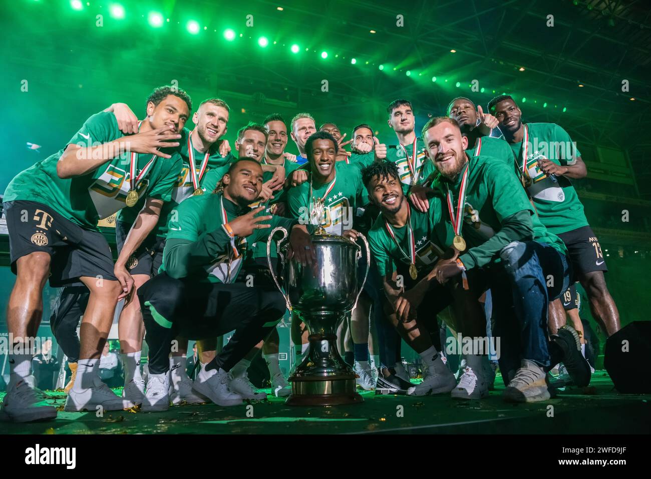 Budapest, Hungary – May 7, 2022. Ferencvaros players with the Hungarian league trophy of 2021/22 season after OTP Bank Liga Gameweek 32 match Ferencva Stock Photo