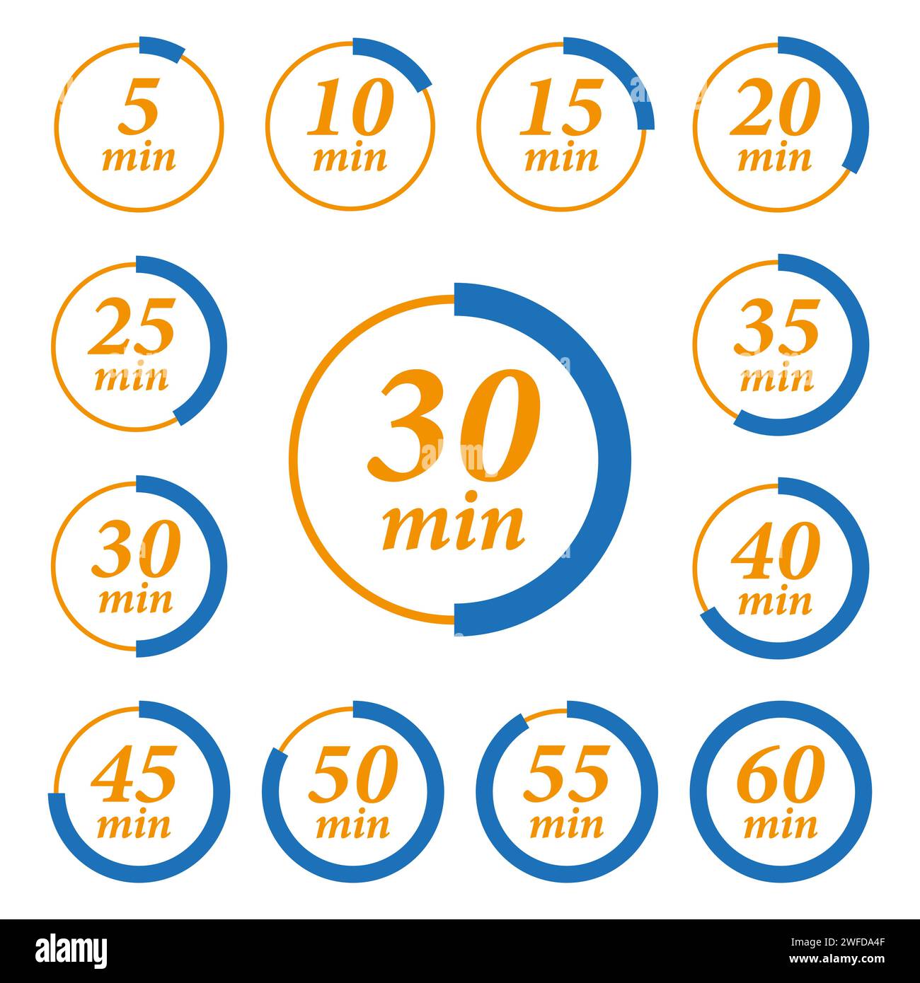 Minute timer icons set. Icons for one minute, five, ten, fifteen or more minutes. The arrow indicates the limited cooking time or deadline for an even Stock Vector