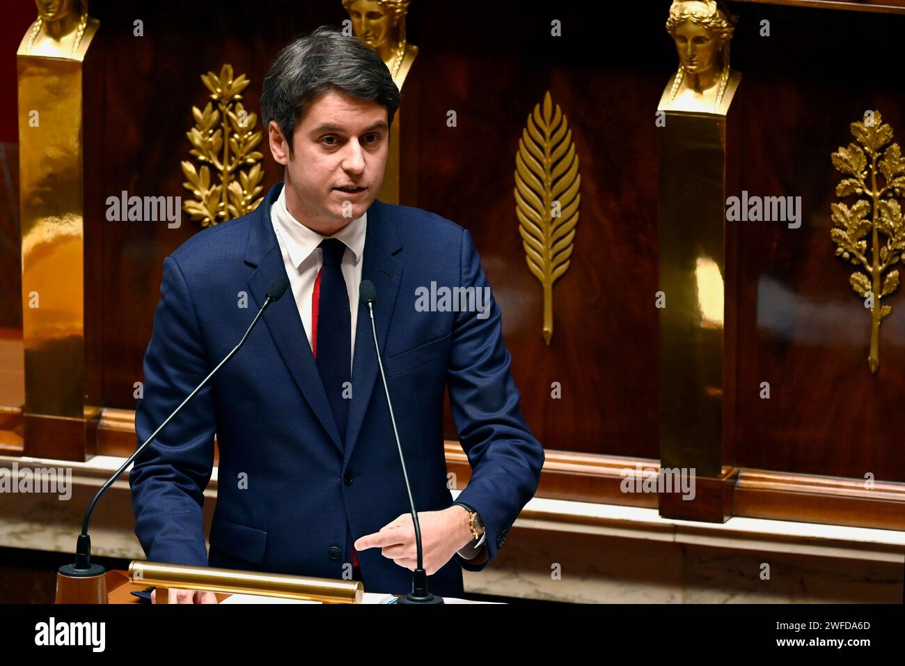 Paris, France. 30th Jan, 2024. Julien Mattia/Le Pictorium - Gabriel Attal's policy speech - 30/01/2024 - France/Ile-de-France (region)/Paris - General Policy Address to the National Assembly by the new Prime Minister, Gabriel Attal, on January 30, 2024 Credit: LE PICTORIUM/Alamy Live News Stock Photo