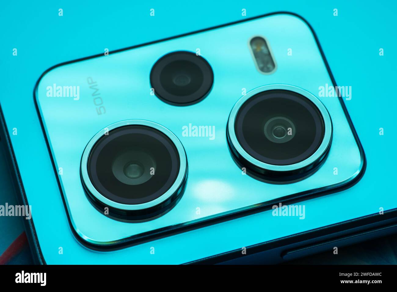 Modern smartphone camera lens, macro view. close up. Stock Photo