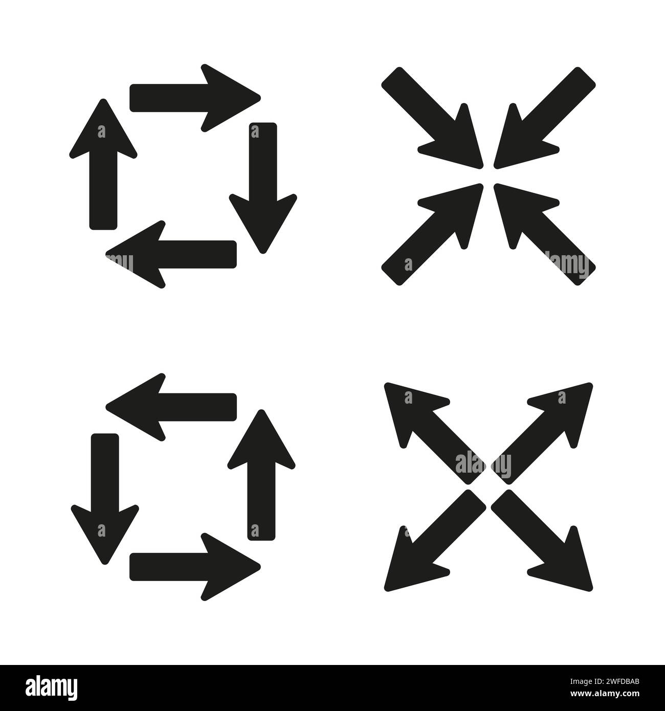 Black arrows inward outward. Pointer arrow icon. Line emblem. Navigation pointer. Vector illustration. Stock image Stock Vector
