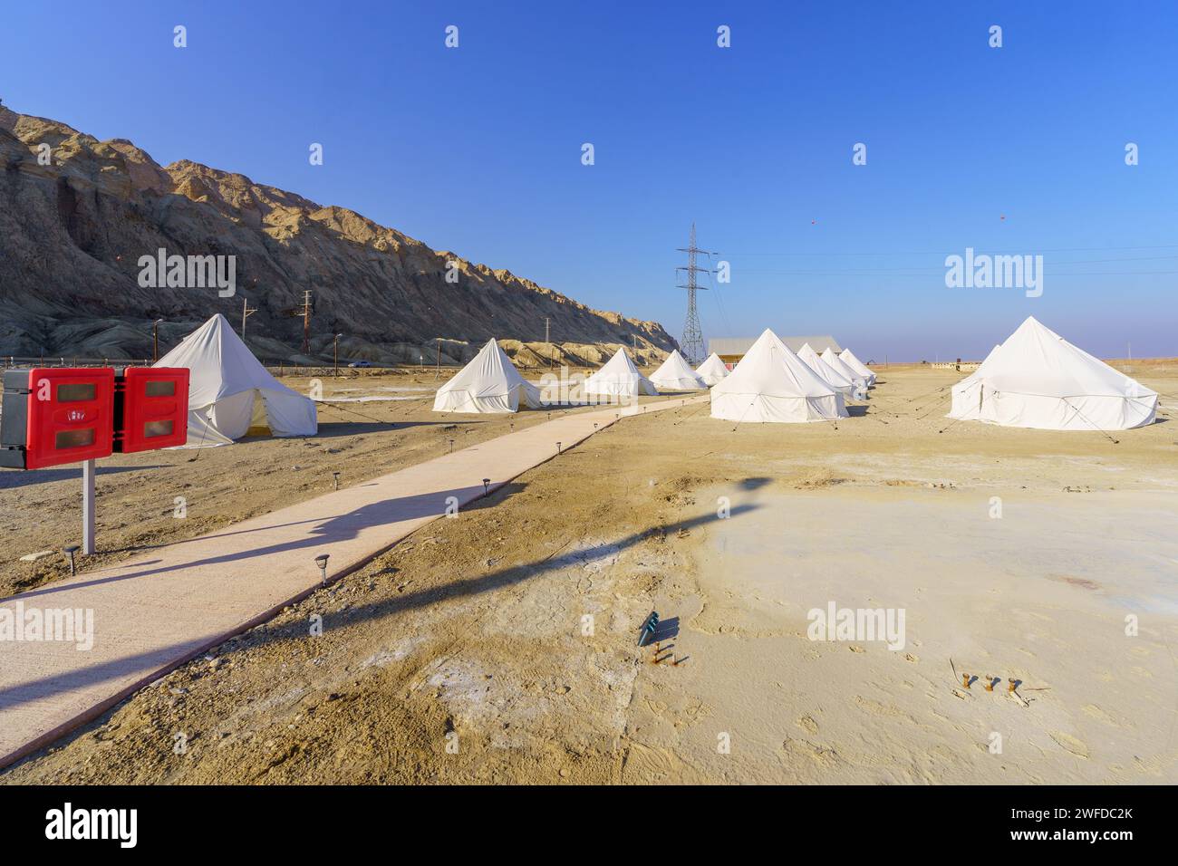 Neve Zohar, Israel - January 19, 2024: Restored workers camp of an historical Potassium Company. Dead Sea coast, Judaean Desert, southern Israel Stock Photo