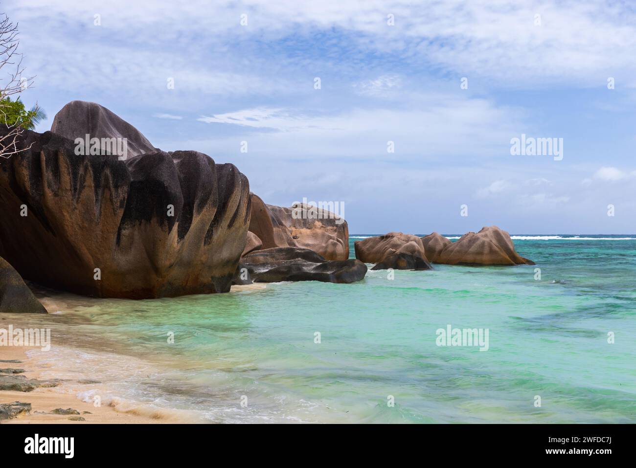 Landscape of Anse Union beach. La Digue island, Seychelles Stock Photo